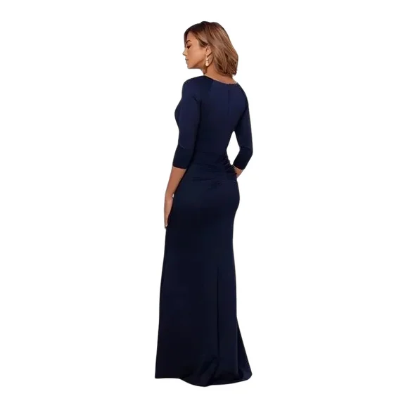 XSCAPE‎ Women’s Pleated Ruffle Scuba Evening Gown Midnight Blue Size 4 8 16 - Picture 2 of 3
